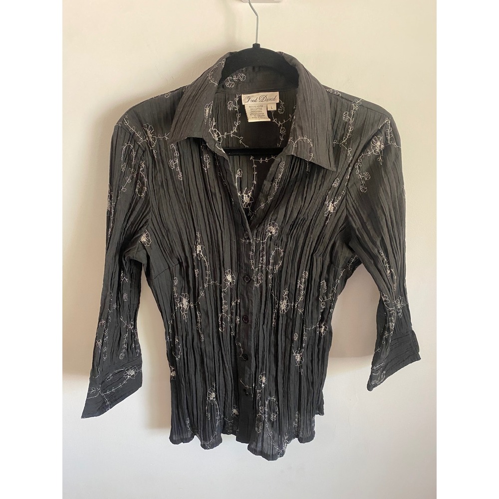 Fred David Womens Charcoal Grey Crinkle Floral Embroidered 3/4 Sleeve Blouse L